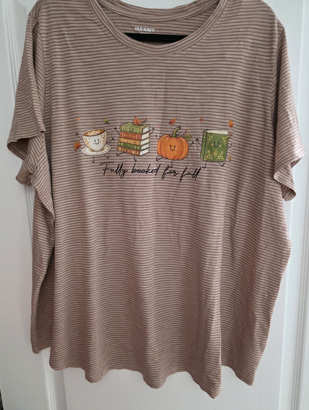 New Old Navy Beige & Brown Striped Fall Graphic Tee
